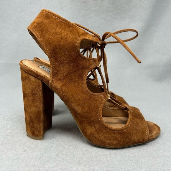 Steve Madden Aryah Brown Suede Lace Up Open Toe Heels Women’s Size 9M - Picture 1 of 12